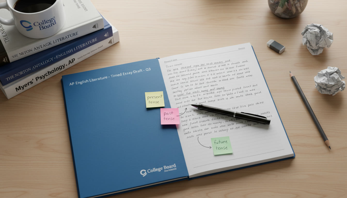 Photo Idea : A top-down shot of a student’s desk with a Bluebook-style notebook open to a timed essay draft. A pen rests on a paragraph where verbs are underlined, with sticky notes showing tense changes.