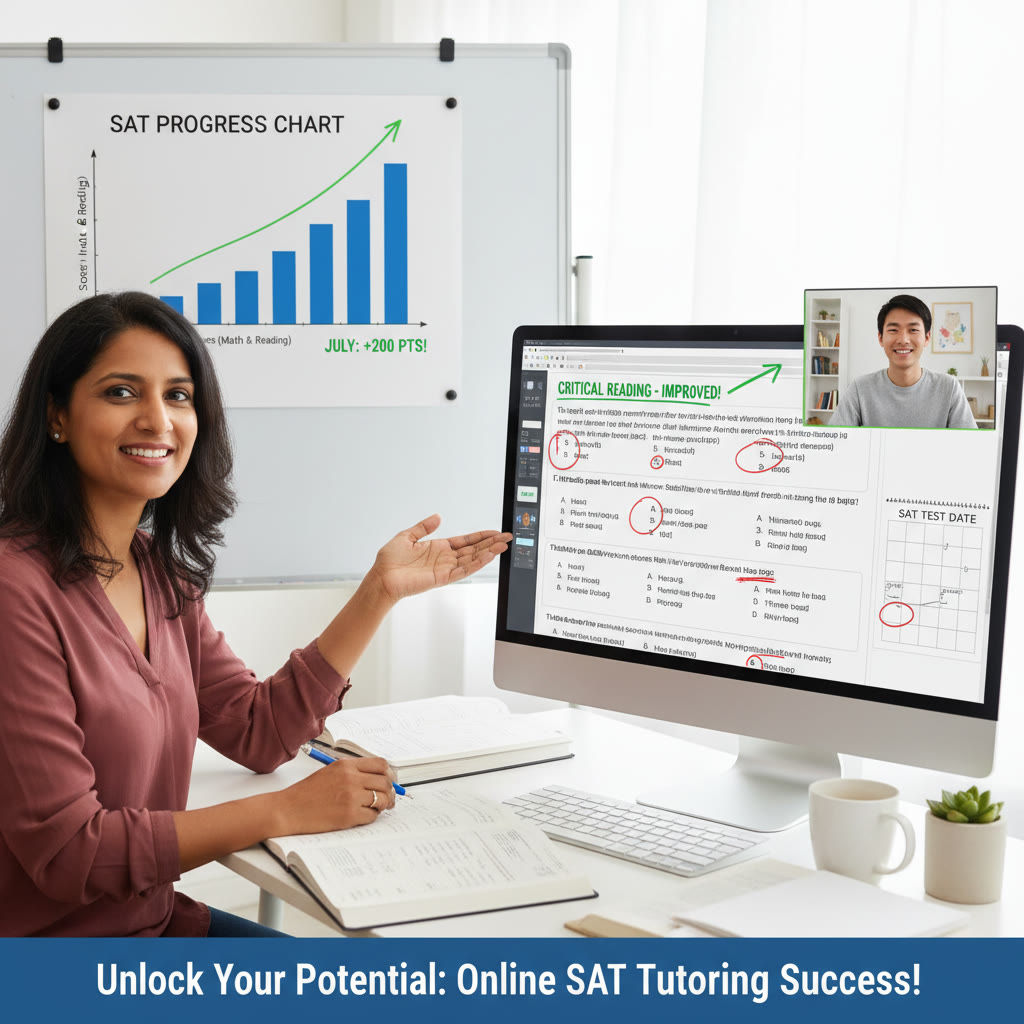 Photo Idea : A tutor and student working together online with annotated practice test questions on the screen and a progress chart showing improvement over time.