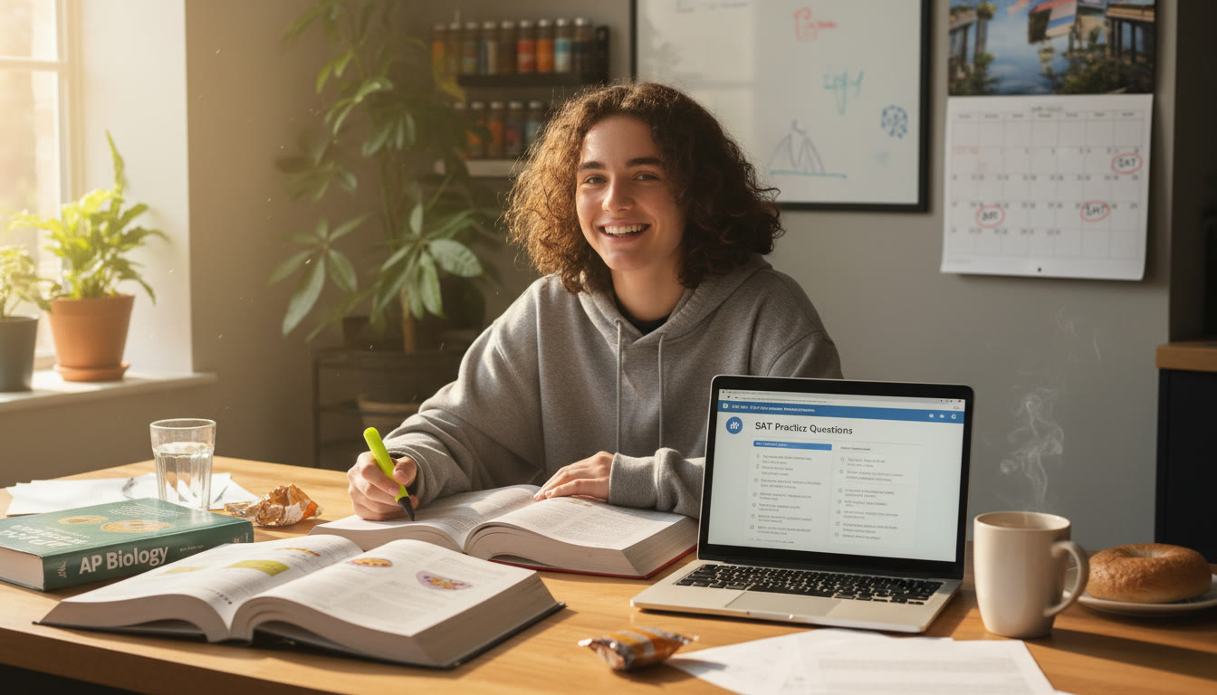 Photo Idea : A warm, candid photo of a high school student at a kitchen table with open textbooks for AP Biology and a laptop displaying SAT practice questions papers, a coffee mug, and a calendar nearby to suggest planning and balance.