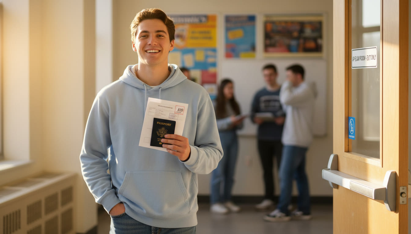 Photo Idea : A relaxed student leaving the exam room with passport and AP ID label sheet visible in their hand—sense of relief and accomplishment.