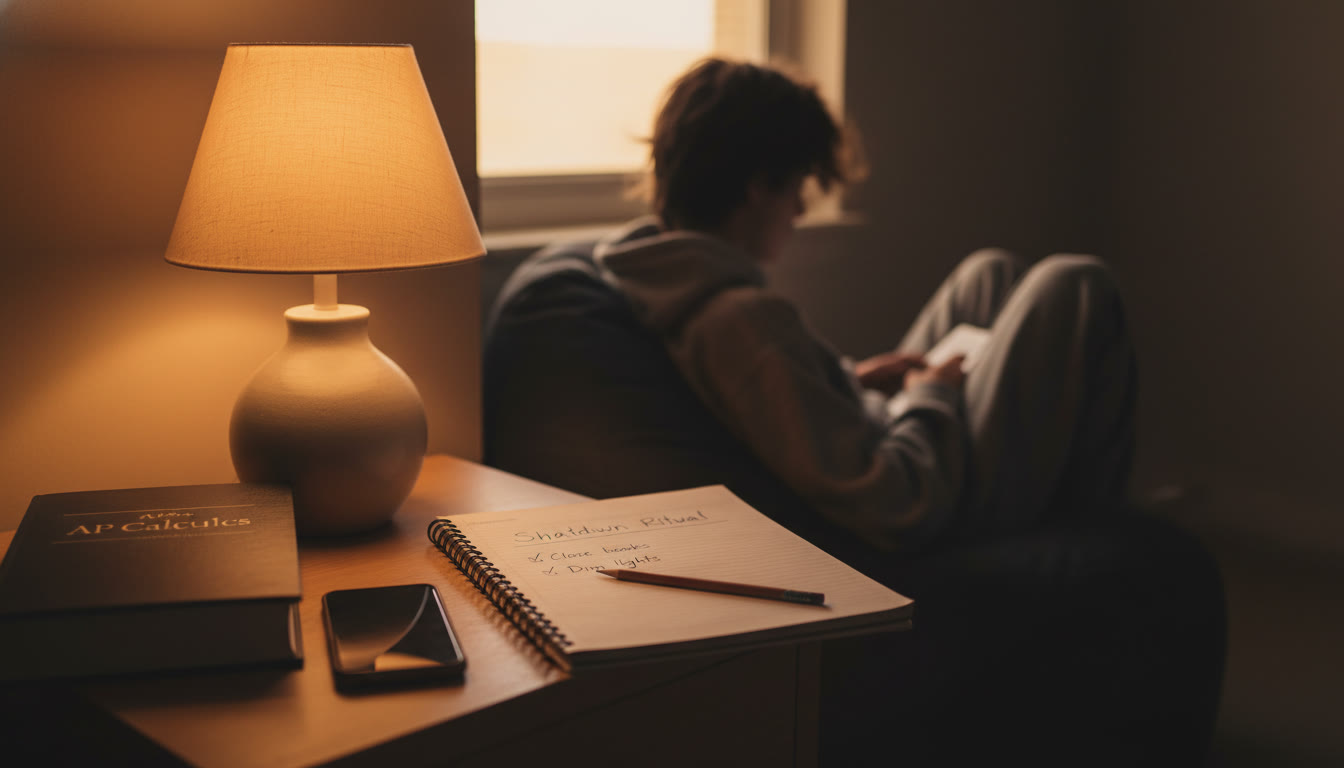 Photo Idea : A cozy nightstand scene with a textbook closed, phone face down, a warm lamp dimmed, and an open notebook with a tiny checklist titled 