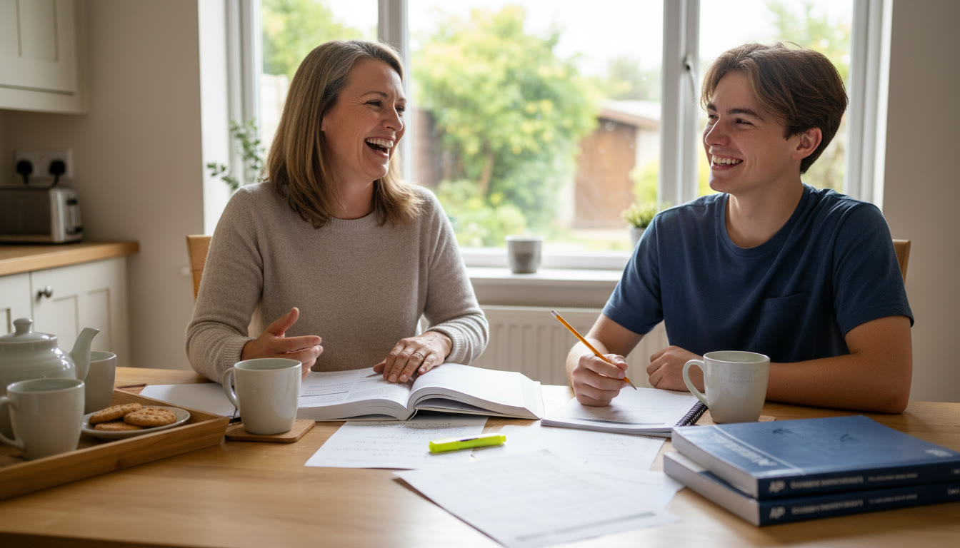 Photo Idea : A candid photo of a parent and teen sitting at a kitchen table with open notebooks and a cup of tea, laughing together—an image that conveys calm support during study time.