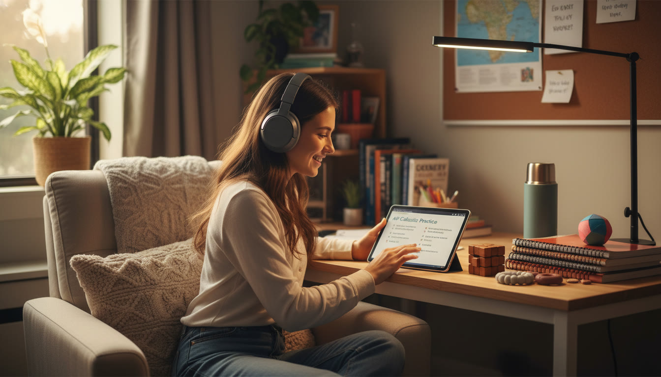 Photo Idea : A cozy, sunlit study nook with flexible lighting, noise‑reducing headphones, a tablet showing an AP practice question, and tactile fidgets on the desk—conveying a sensory‑friendly study space.