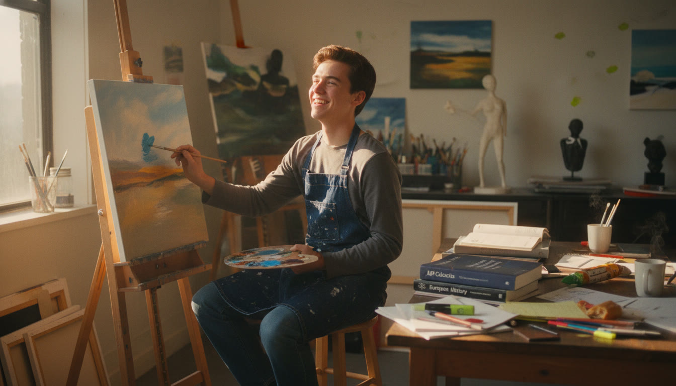 Photo Idea : A warm, candid photo of a student in a sunlit studio painting, with AP textbooks and notes casually nearby — this emphasizes the blend of academic rigor and creative practice.