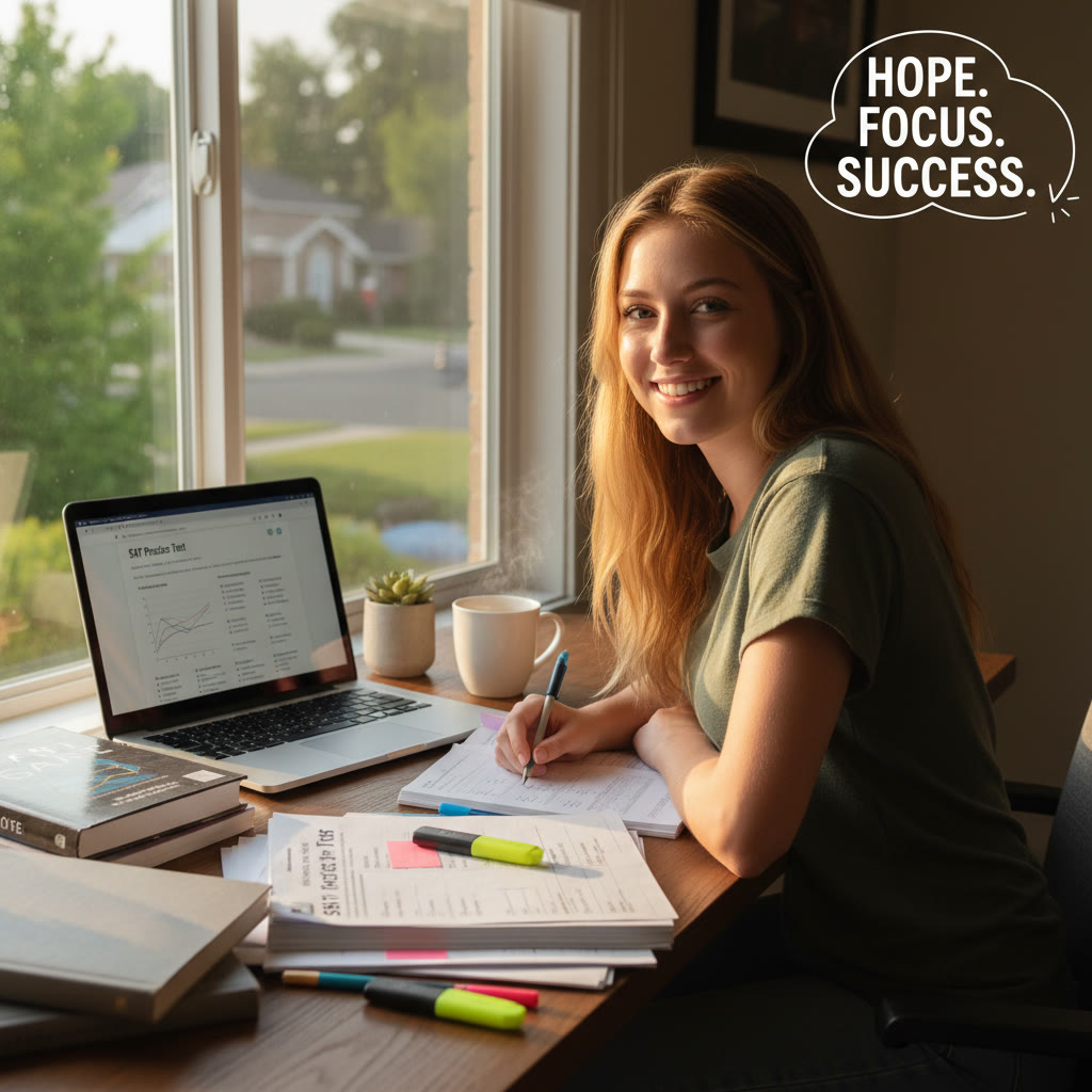 Photo Idea : A hopeful high school student sitting at a desk with a laptop and practice tests spread out, sunlight coming through a window — conveys focused, calm preparation.
