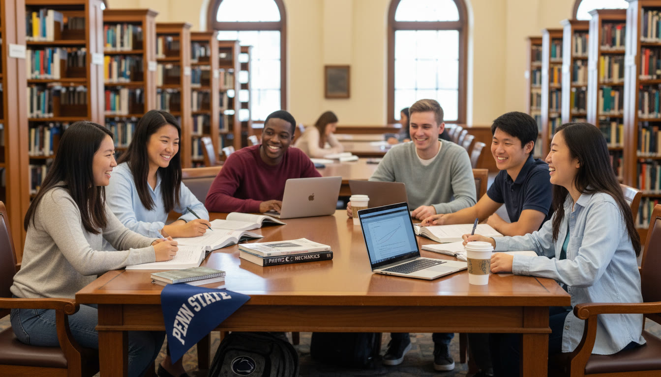 Photo Idea : A top-of-article hero shot showing a diverse group of students studying together at a campus-like library table, with textbooks open (Calculus, Physics, Statistics), laptops, and a Penn State pennant subtly visible—captures collaboration and ambition.