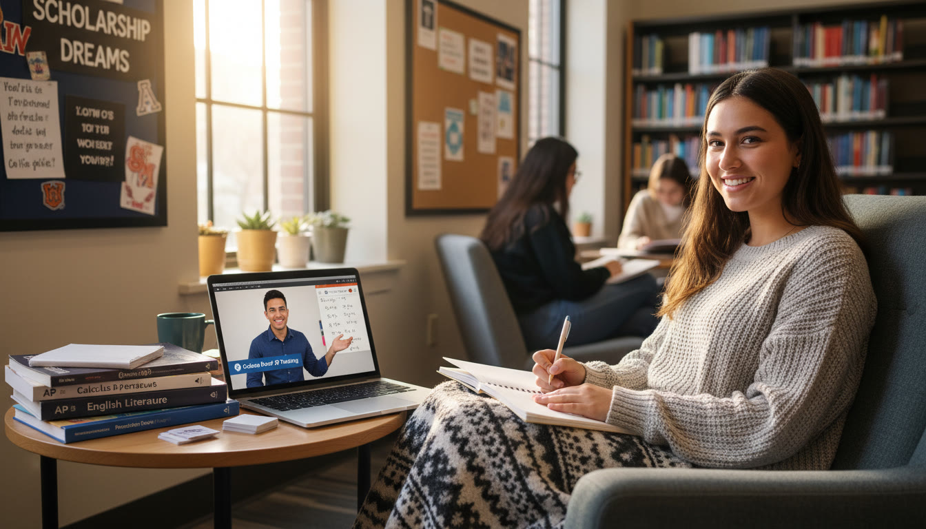 Photo Idea : A student studying in a cozy library nook with a tutor on a laptop screen, AP prep materials stacked nearby — conveys focused, supportive prep leading to scholarship potential.