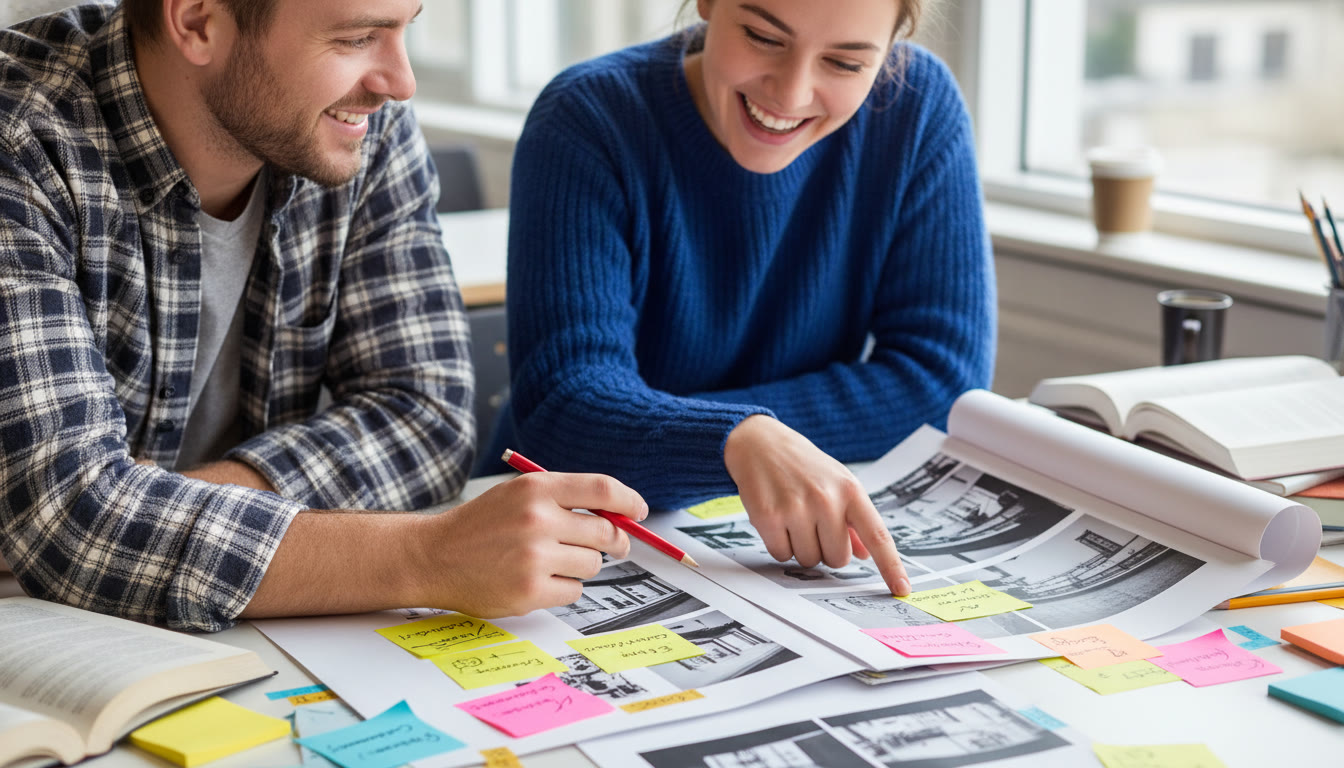 Photo Idea : A close-up of a student and a tutor reviewing a printed portfolio spread; sticky notes and thumbnails visible to emphasize collaborative, personalized feedback.