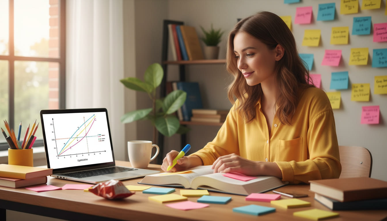 Photo Idea : A student at a desk surrounded by colorful sticky notes and a laptop open to a supply and demand graph, mid-study — natural light, warm tones, conveys focus and strategy.