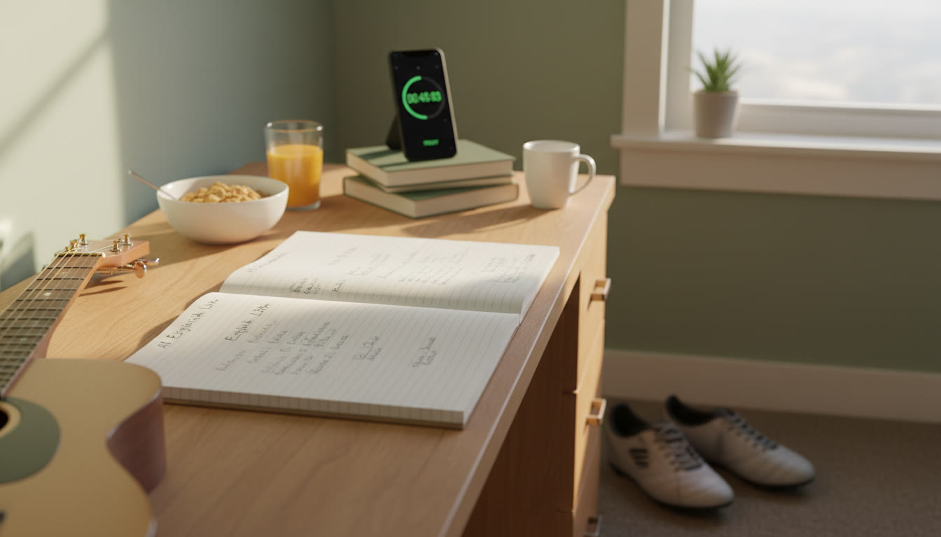 Photo Idea : A calm Saturday morning scene — an open notebook with organized notes, a guitar or soccer cleats at the edge of the frame, and a phone showing a timer. This communicates balance between practice and studying.