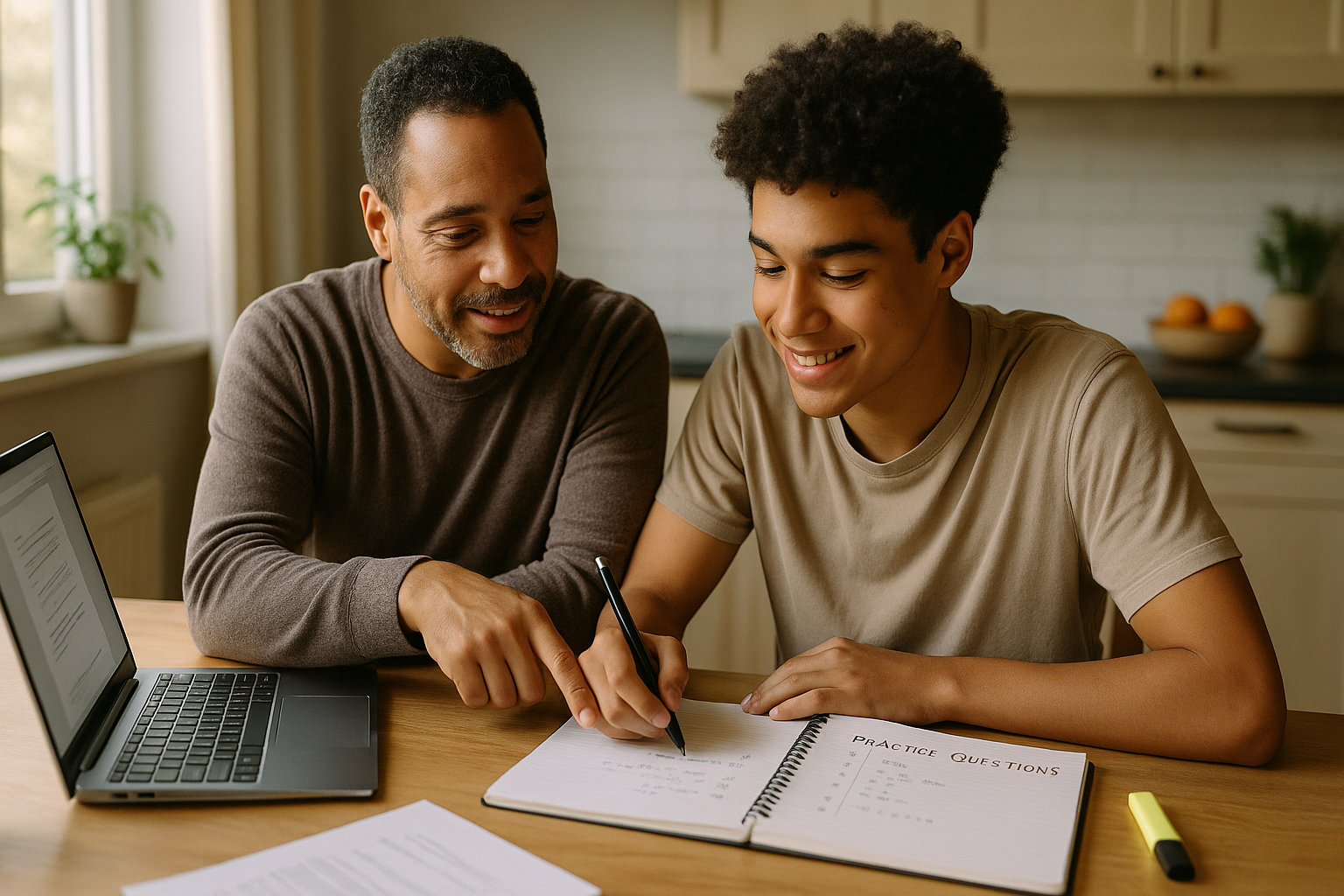Photo Idea : A parent and teen at a kitchen table, laptop open, a notebook with practice questions, and a warm mug—capturing collaborative study and planning.