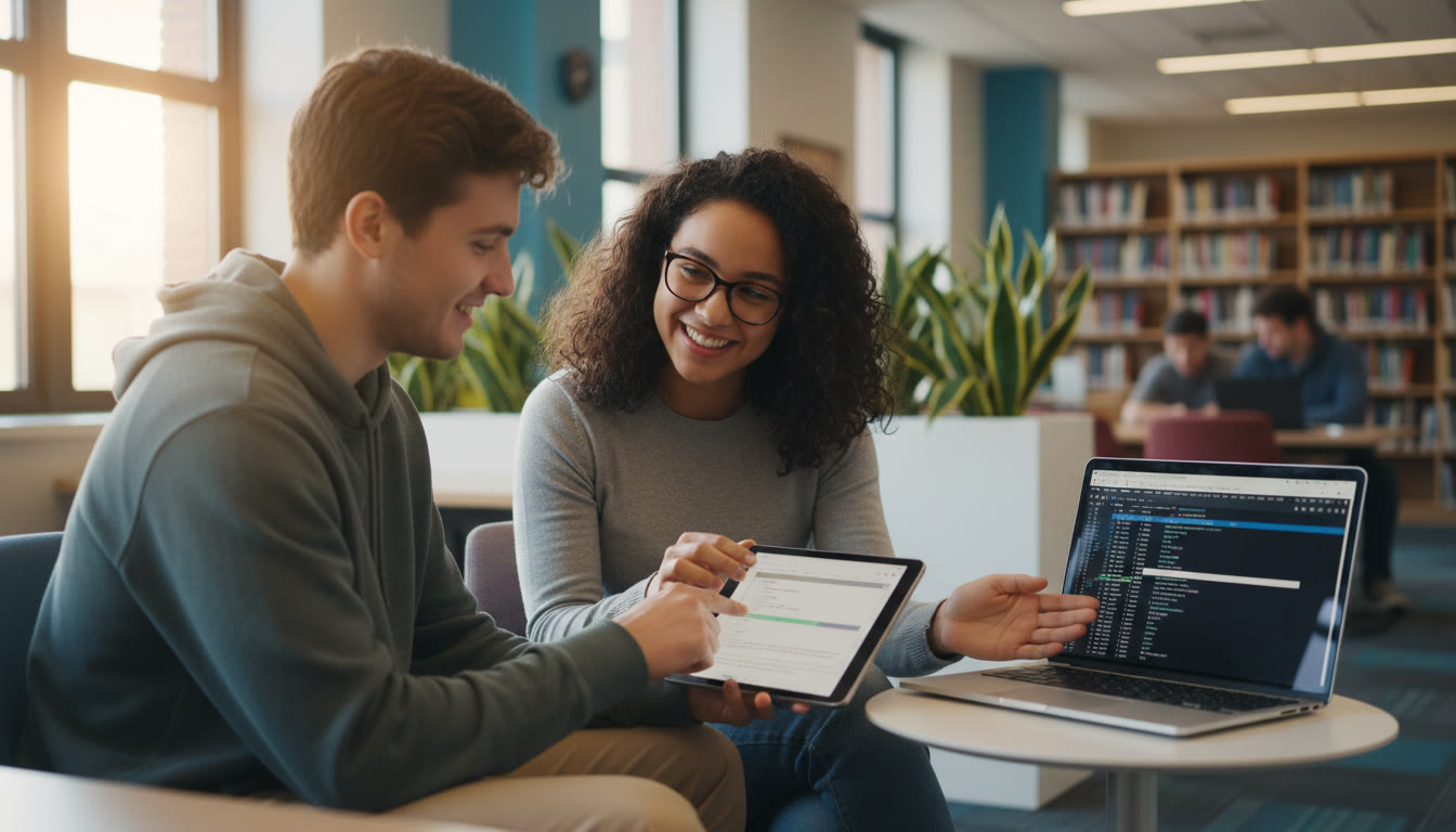 Photo Idea : A tutor and student reviewing code on a tablet, with the tutor pointing at a small table of logs — conveys collaborative debugging and targeted feedback.
