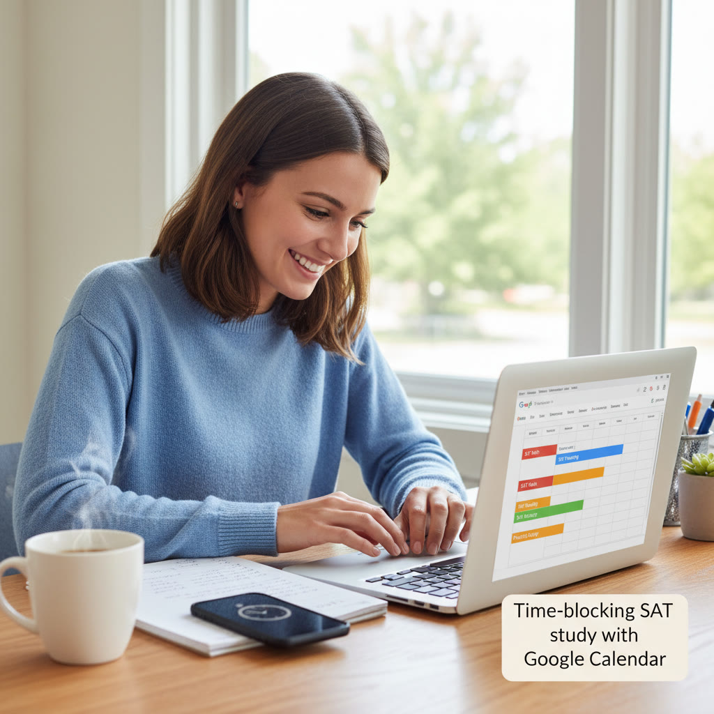 Photo idea: A student at a desk viewing Google Calendar on a laptop with a notebook, phone, and a cup of coffee—captioned