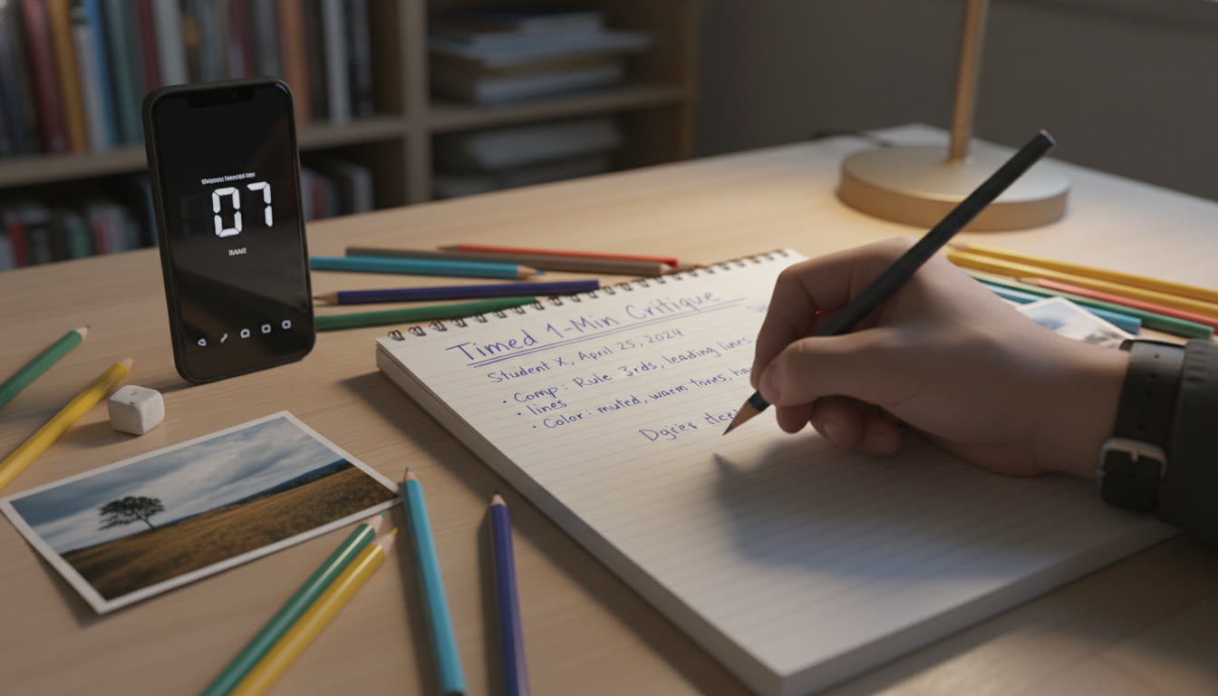 Photo Idea : Close-up of a student’s notebook with a timed one-minute critique being written, surrounded by colored pencils and a printed image—evokes practice, focus, and the tactile act of learning critique language.