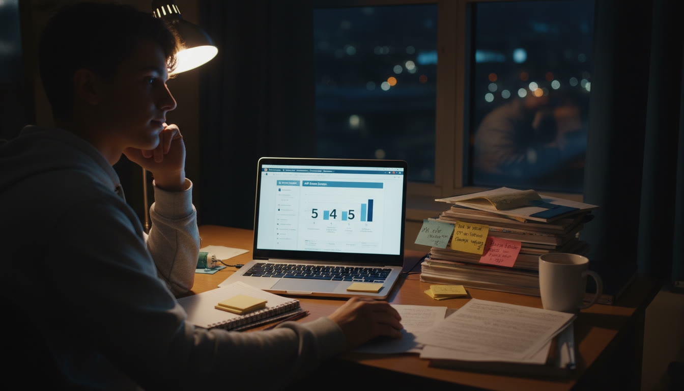 Photo Idea : A student at a desk late at night, surrounded by organized notes and a laptop showing a score report—calm expression, reflective mood.