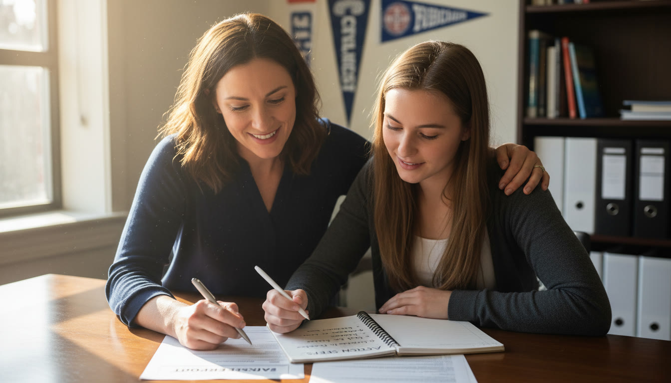 Photo Idea : Close-up of a counselor and student reviewing a transcript and AP score report together, with a notepad of action steps. Place this image near the checklist or meeting preparation section to illustrate collaboration.