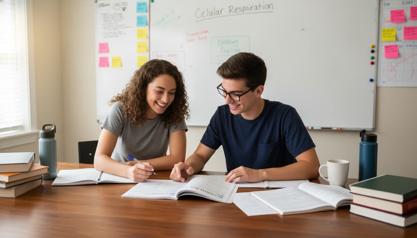 Photo Idea : A smiling tutor and student reviewing a practice test together with a whiteboard and notes visible illustrates collaborative review and the benefit of guided feedback after practice tests.