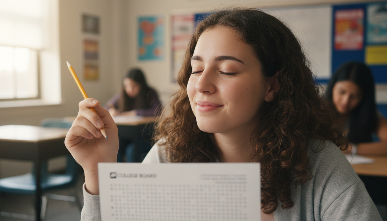 Photo Idea : A close-up of a student mid-exam pausing with a pencil in hand, eyes closed for a second of breath—soft light, natural classroom background.