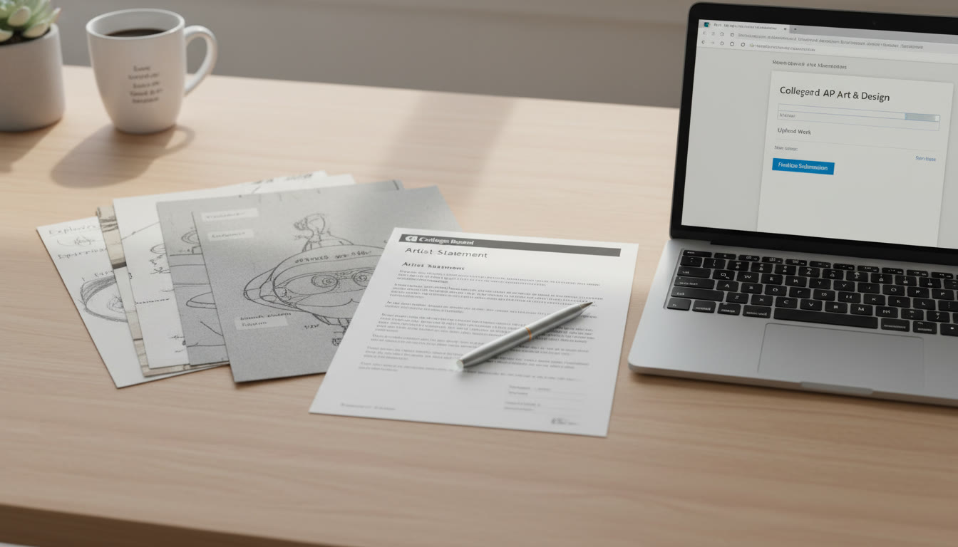 Photo Idea : A calm, composed flat-lay image of a completed portfolio packet: labeled sheets, a typed summary, a printed verification form with a pen on top, and a laptop showing the submission portal.