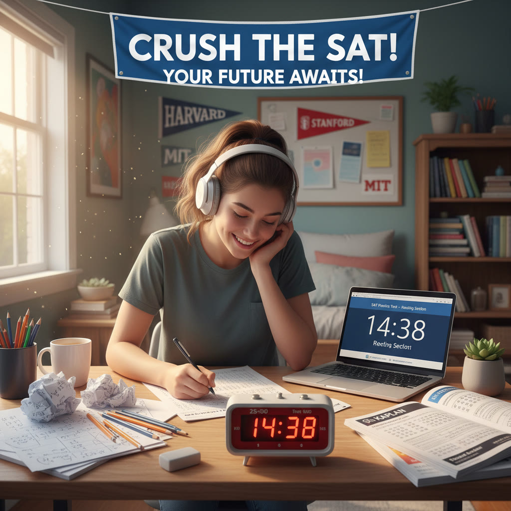 Student taking a timed practice SAT section at a desk, wearing headphones, with a physical timer visible and scratch paper ready — shows test-day simulation in action.