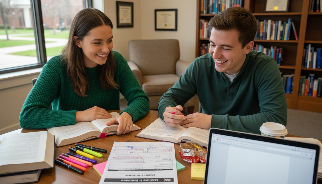 Photo Idea : A study session scene where a tutor and student review an essay together, with notes, colored pens, and a printed rubric visible. The mood is collaborative and encouraging.