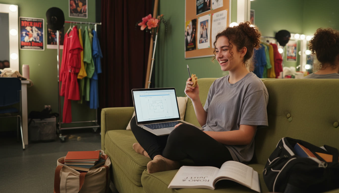 Photo Idea : A student in rehearsal clothes studying from a laptop in a green room with a script beside them — conveys the dual life of performer and student.