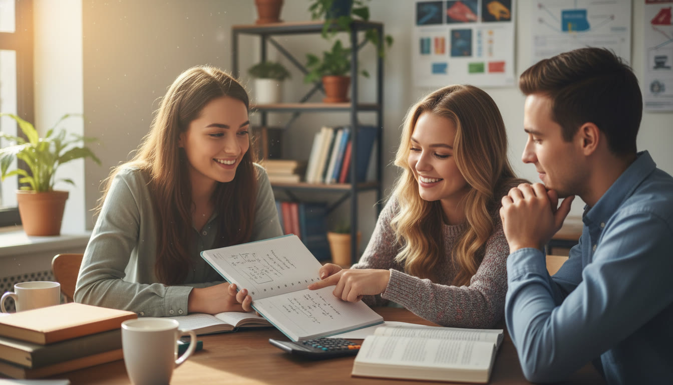Photo Idea : A small group tutoring session or 1-on-1 coaching moment — tutor pointing at a student’s notebook with a resolved problem, showing the human side of learning and personalized feedback.