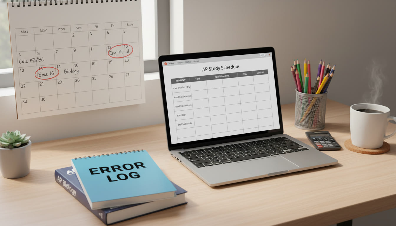 Photo Idea : A tidy desk setup showing a calendar with AP exam dates circled, a notebook labeled 
