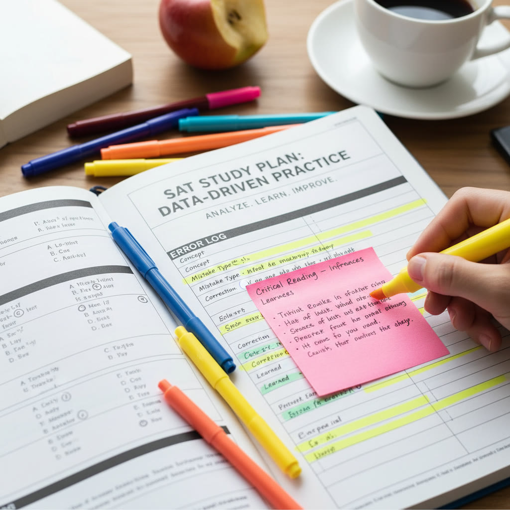 Close-up of a practice test with colored pens and a highlighted error log page—ideas for illustrating disciplined review and data-driven practice.