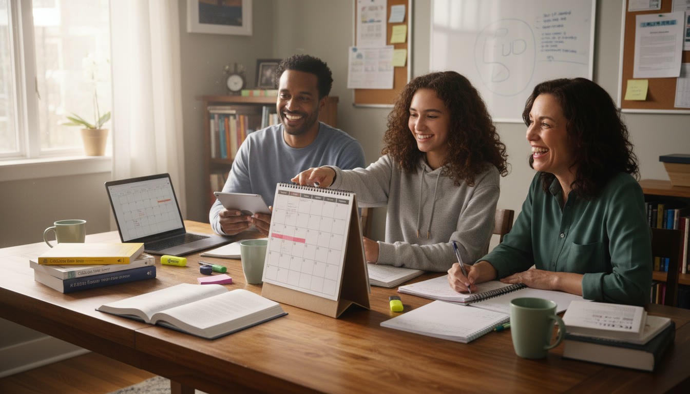 Photo Idea : A cheerful image of a small family around a table, planning a calendar together, with notebooks and a laptop—capturing the collaborative, supportive home environment that helps AP students thrive.