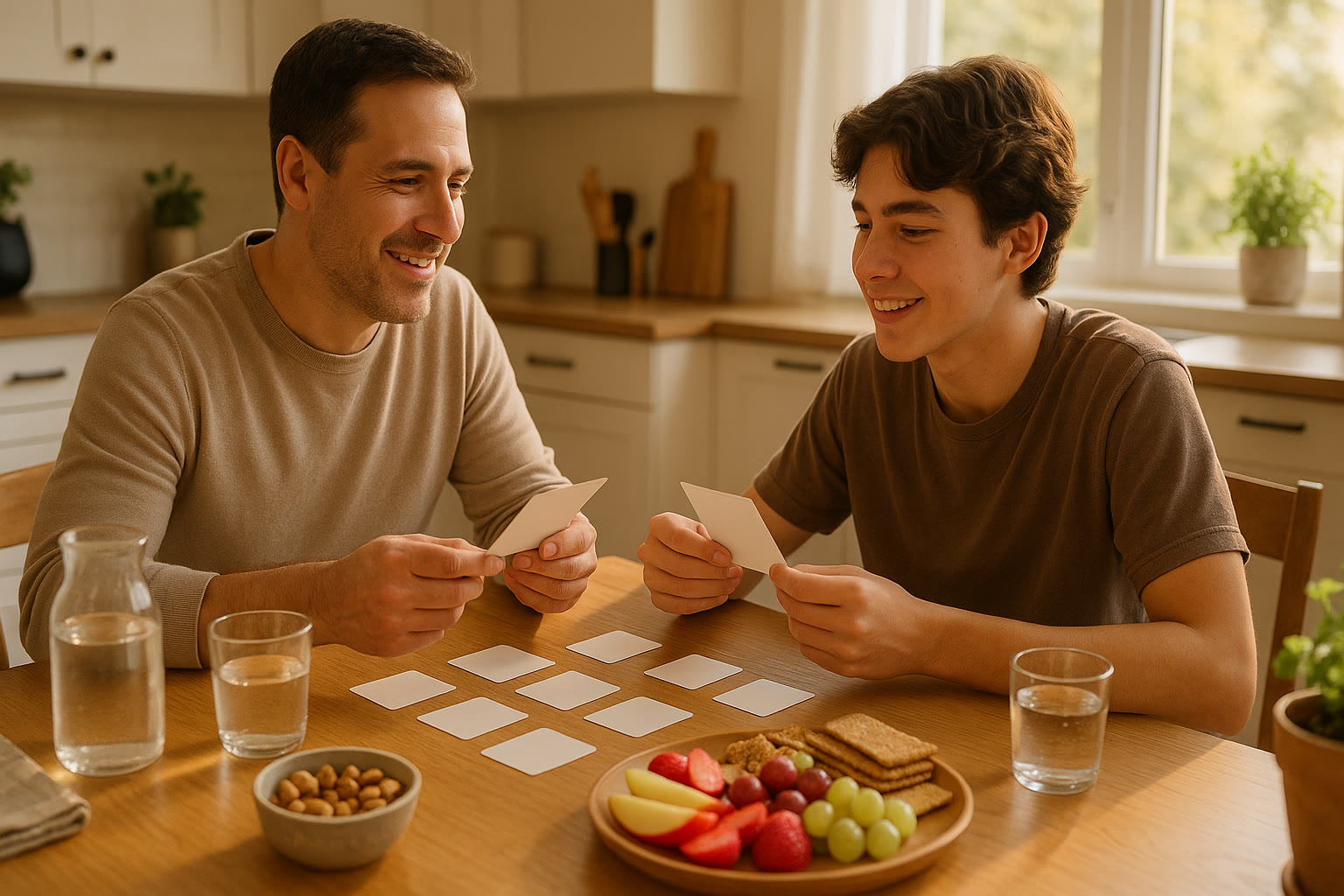 Photo Idea : A light-filled kitchen table where a parent and teen review flashcards with healthy snacks laid out—nuts, sliced fruit, water, and whole-grain crackers.