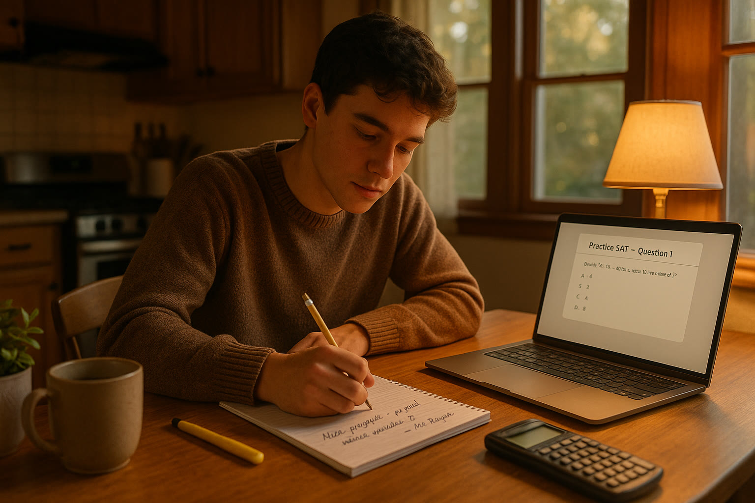 Photo Idea : A warm photo of a high school student studying at a kitchen table with an open laptop showing a practice SAT question, while a teacher’s handwritten note peeks out from a notebook nearby.