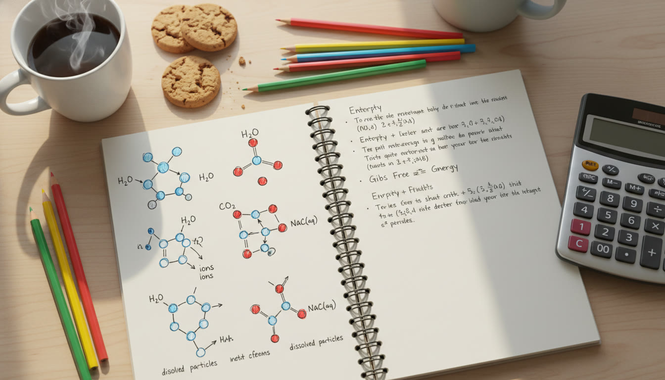 Photo Idea : A clean overhead shot of a student’s notebook showing neat particulate diagrams with labeled particles, surrounded by colored pencils and a calculator; warm natural light to feel inviting.