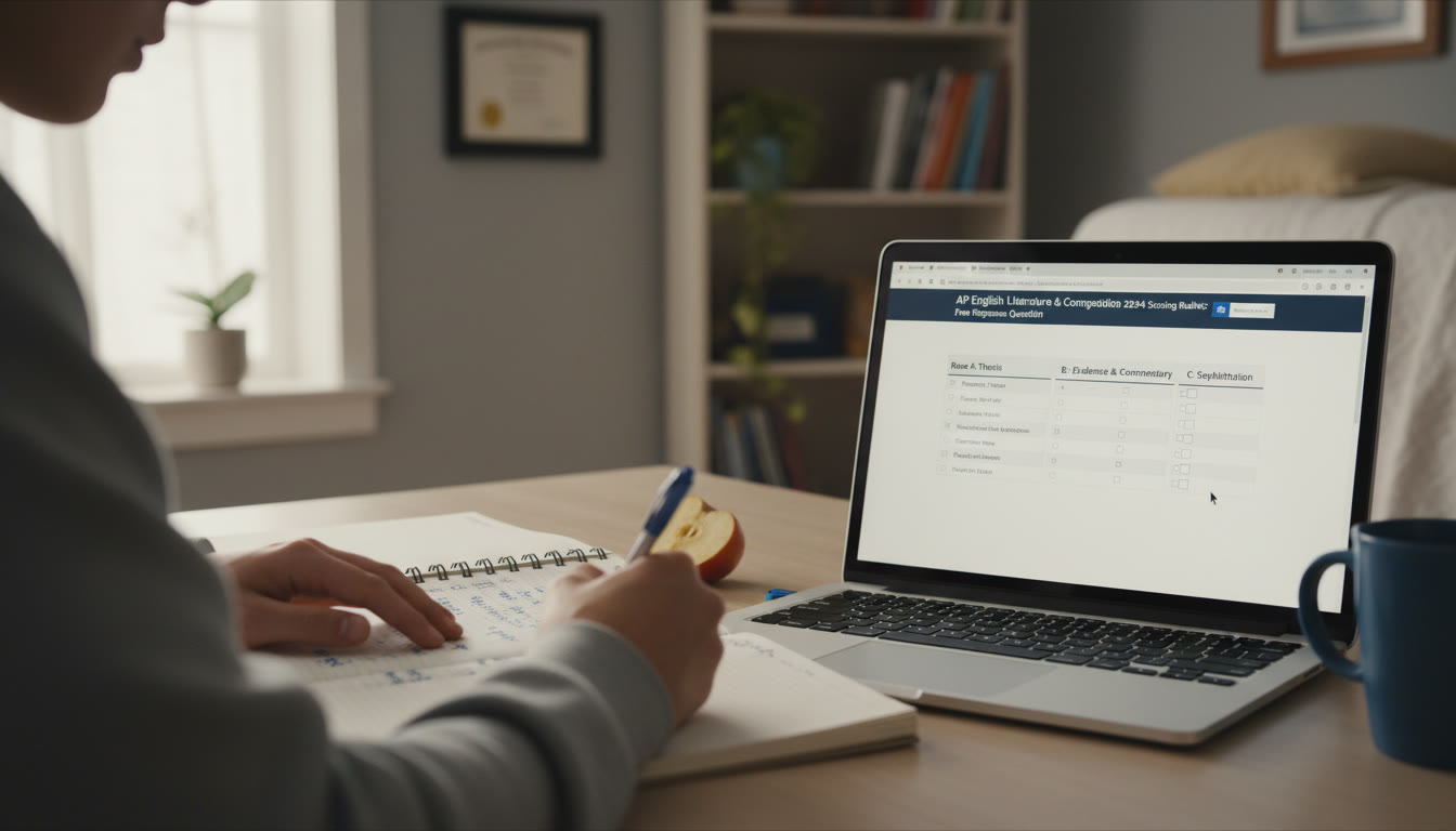 Photo Idea : Close‑up of student handwriting an FRQ outline beside a laptop displaying an AP rubric—emphasizes strategy, structure, and focused feedback.