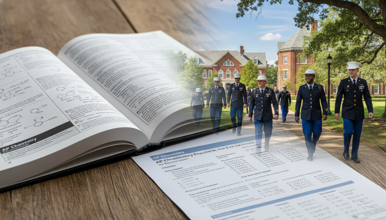 Photo Idea : A bright, hopeful campus scene with midshipmen or cadets walking to class, overlaying an open AP book and practice exam paper on a table — suggests the bridge from AP study to academy life.
