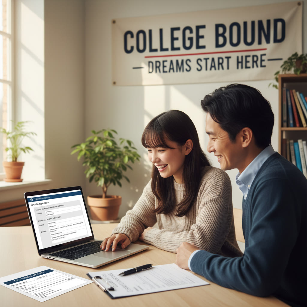 Photo Idea : A quiet study scene—student and parent reviewing a college application checklist with a laptop displaying a mock Osaka University application and printed SAT score report nearby.
