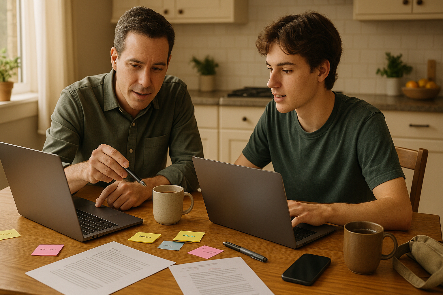 Photo Idea : A parent and teen at a kitchen table, laptops open, sticky notes, and a warm drink — collaborating on a college essay draft.