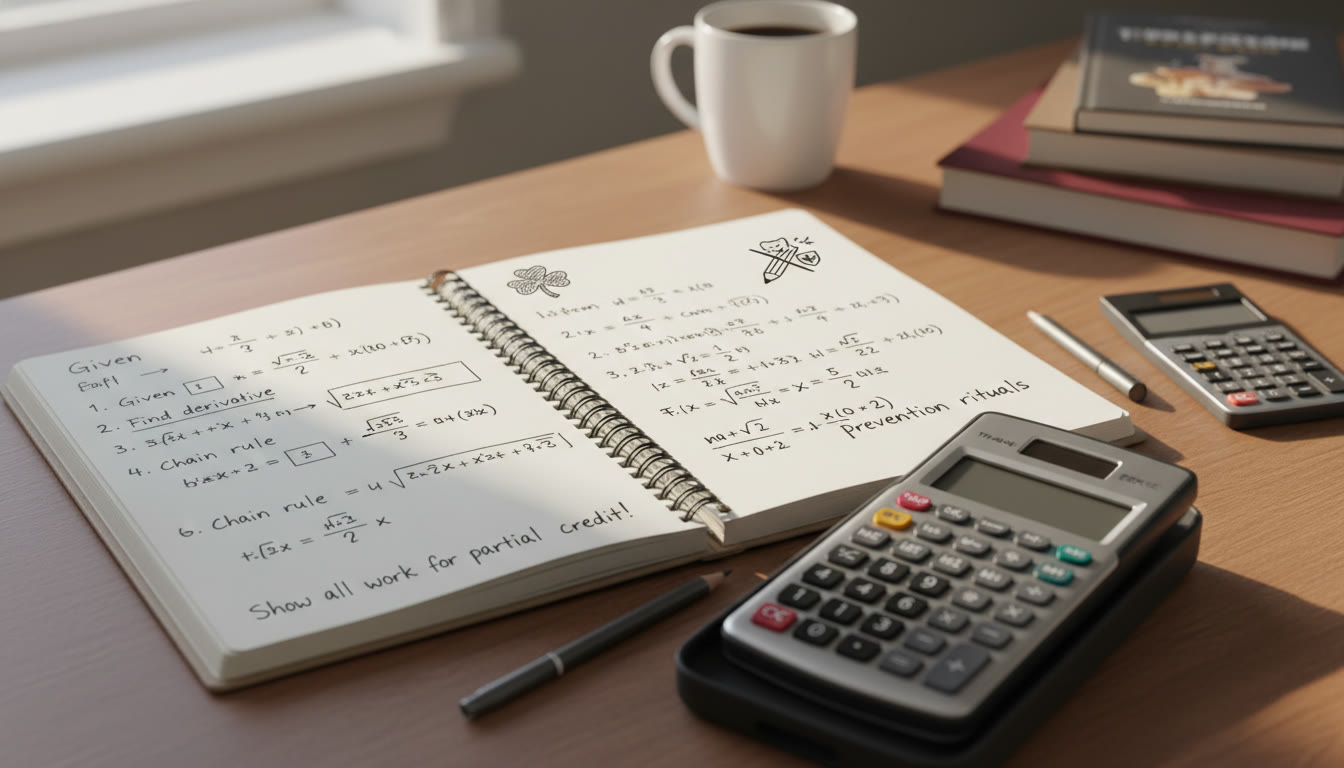 Photo Idea : An open notebook with neat, handwritten problem steps and a second calculator nearby; this image complements the section about showing work for partial credit and prevention rituals.