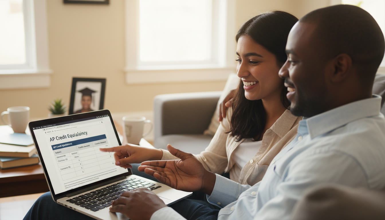 Photo Idea : A close-up shot of a student and parent sitting together with a laptop open to a college website, pointing at a PDF of an AP credit table—warm, collaborative, slightly over-the-shoulder perspective.