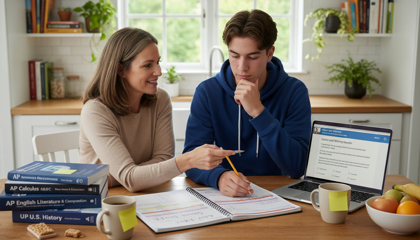 Photo Idea : A calm scene of a parent and student at a kitchen table with a planner, AP textbooks, and a laptop open to a practice Digital SAT question symbolizing collaboration, planning, and supportive tutoring.