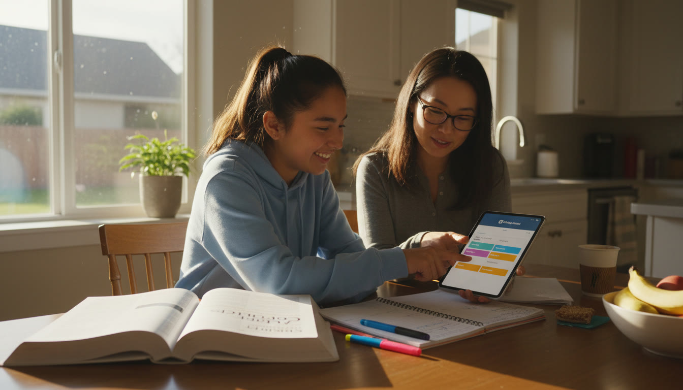 Photo Idea : A high school student sitting at a kitchen table with a planner, calculus textbook open, and a parent gently pointing at a scheduling app on a tablet — warm late-afternoon light to show focused collaboration.