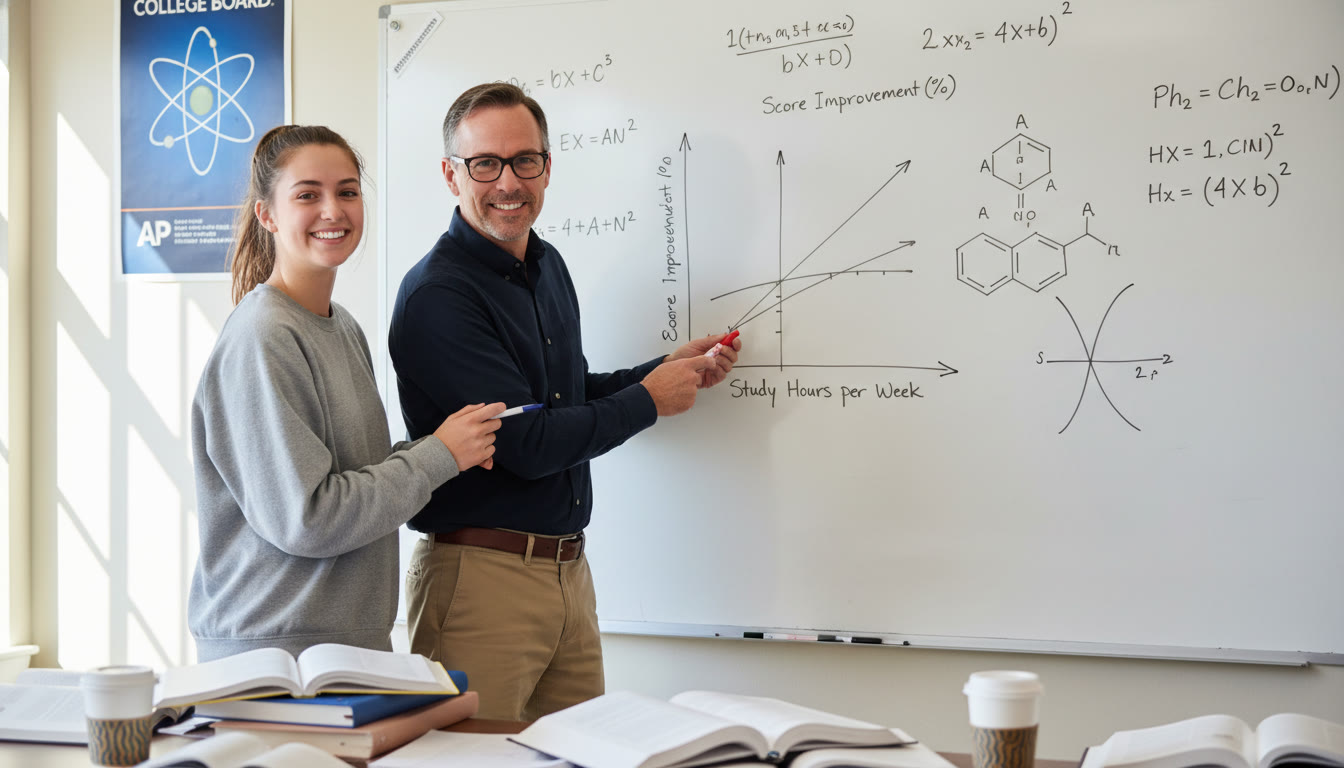 Photo Idea : A student and a tutor working together over a whiteboard filled with graphs and equations, pointing at a secondary y-axis—captures collaborative learning and tailored guidance for AP prep.