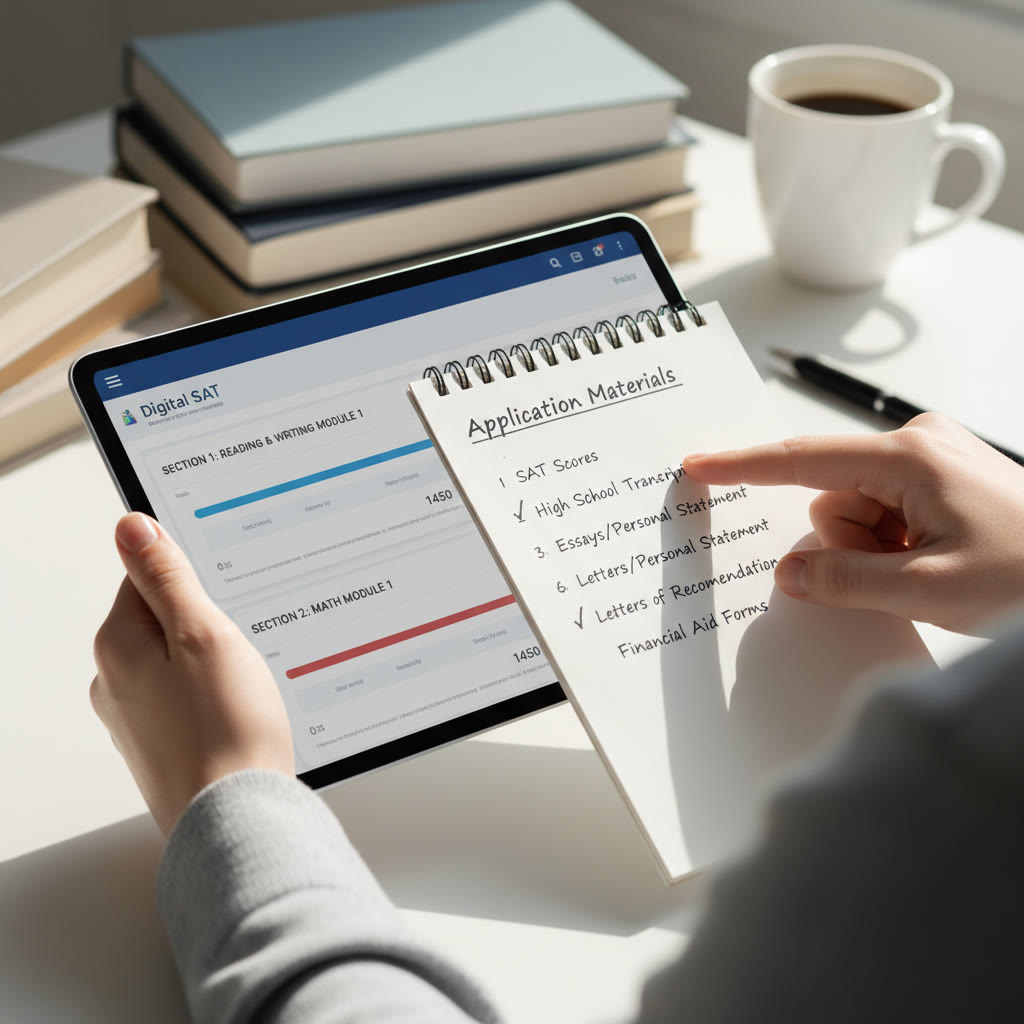 Photo Idea : Close-up of two hands — one holding a tablet showing a Digital SAT dashboard and another pointing to a checklist labeled 