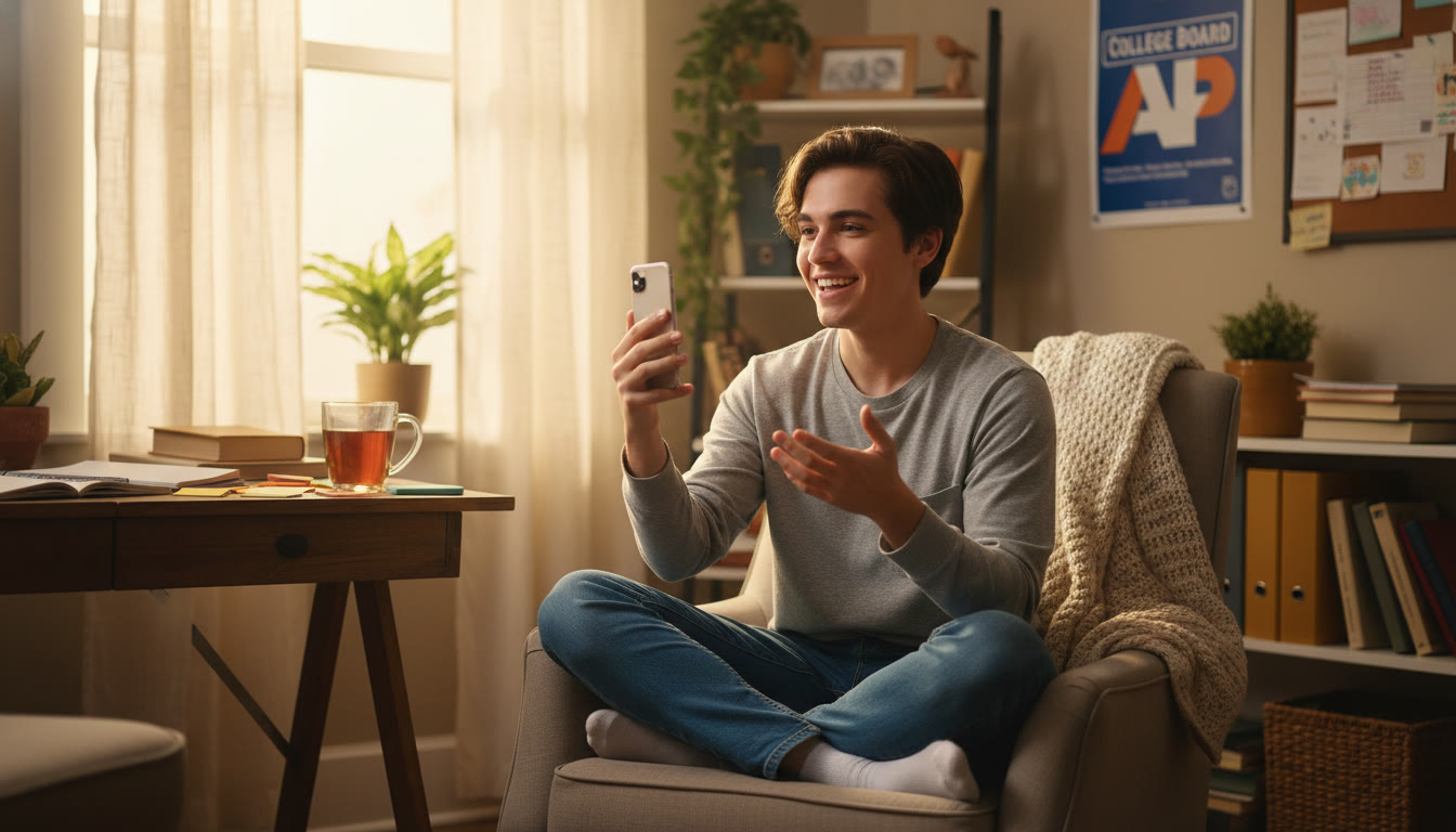 Photo Idea : A warm, natural photo of a student practicing a spoken presentation into a smartphone in a cozy study corner, captions muted — perfect for the top of the article to set an intimate, real-student tone.