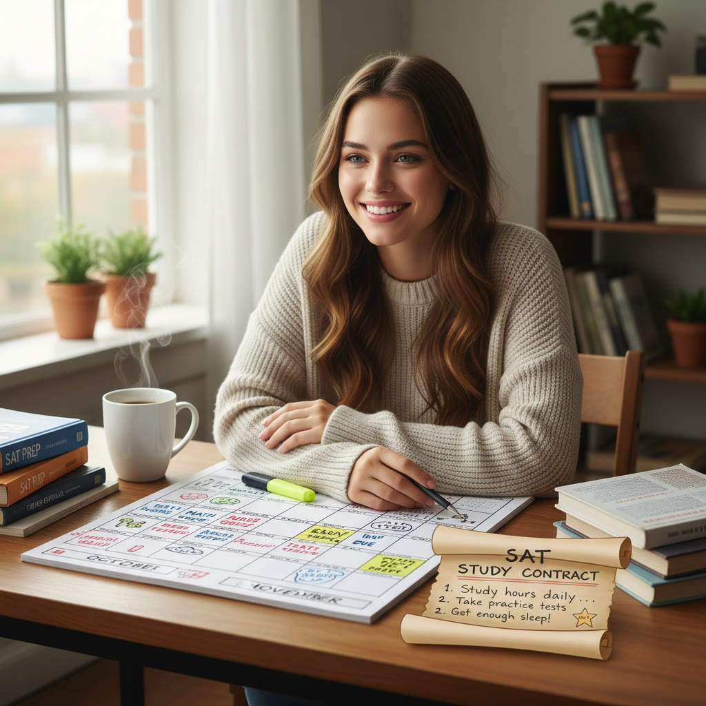 Photo idea: A student sitting at a desk with a colorful, handwritten study contract and calendar open; natural daylight and a cup of coffee.