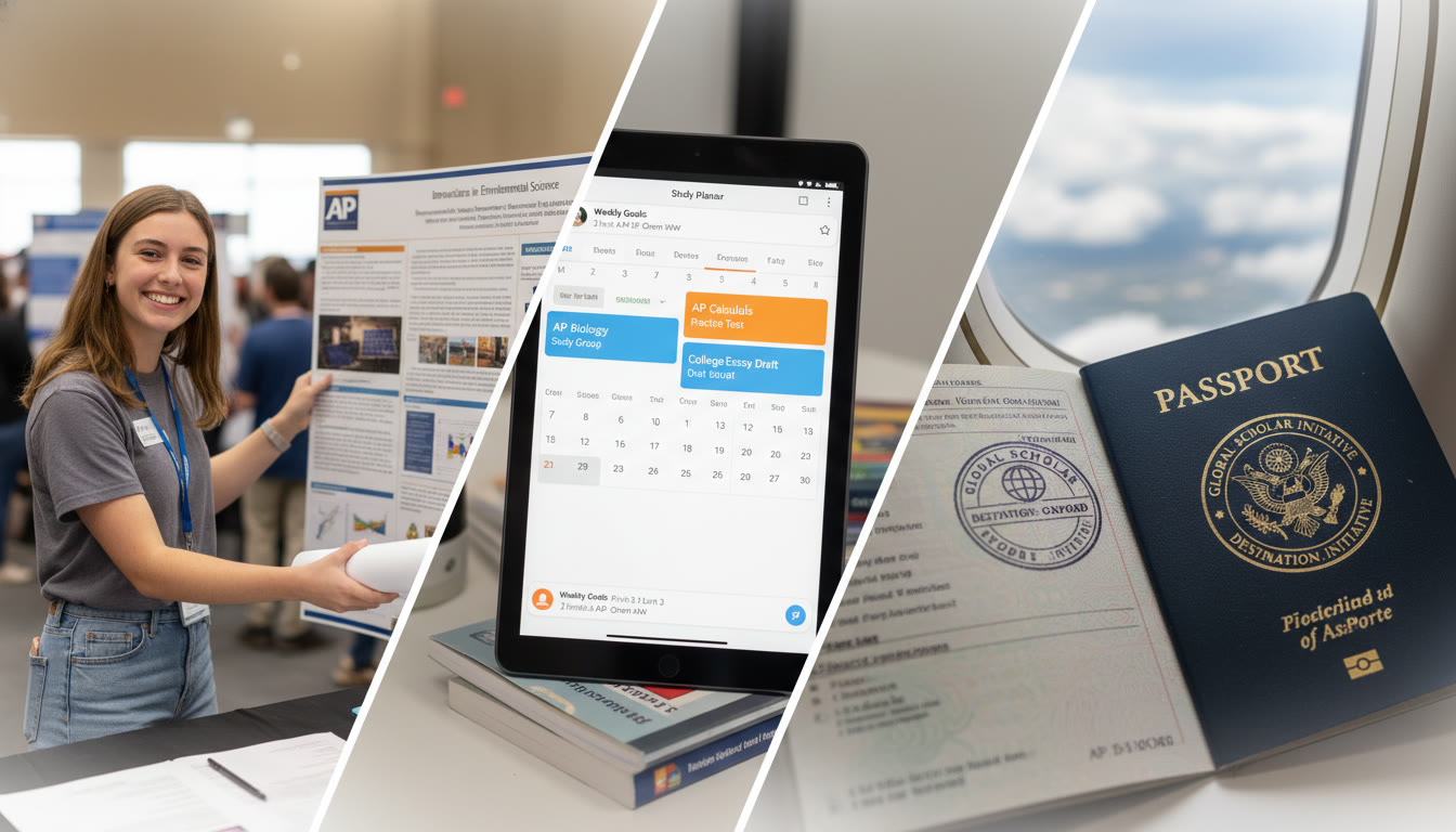 Photo Idea : A montage-style image suggestion: a student handing a research poster at a local fair, a screenshot of a study plan with AP materials, and a passport stamp — visually tying academic achievement, planning, and travel.