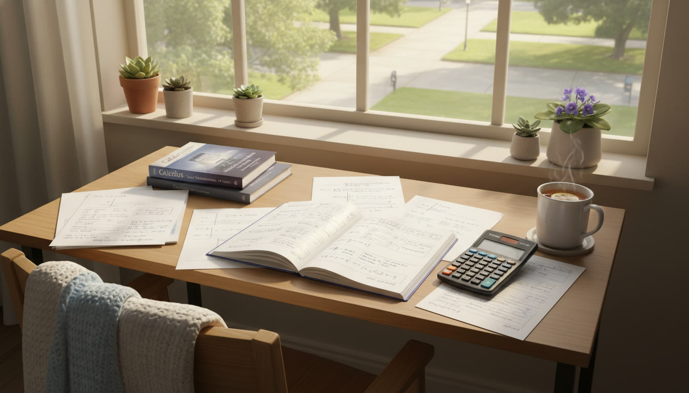 Photo Idea : A calm study desk by a window with calculus notes, a graphing calculator, and a warm drink — conveys focused, relaxed revision.