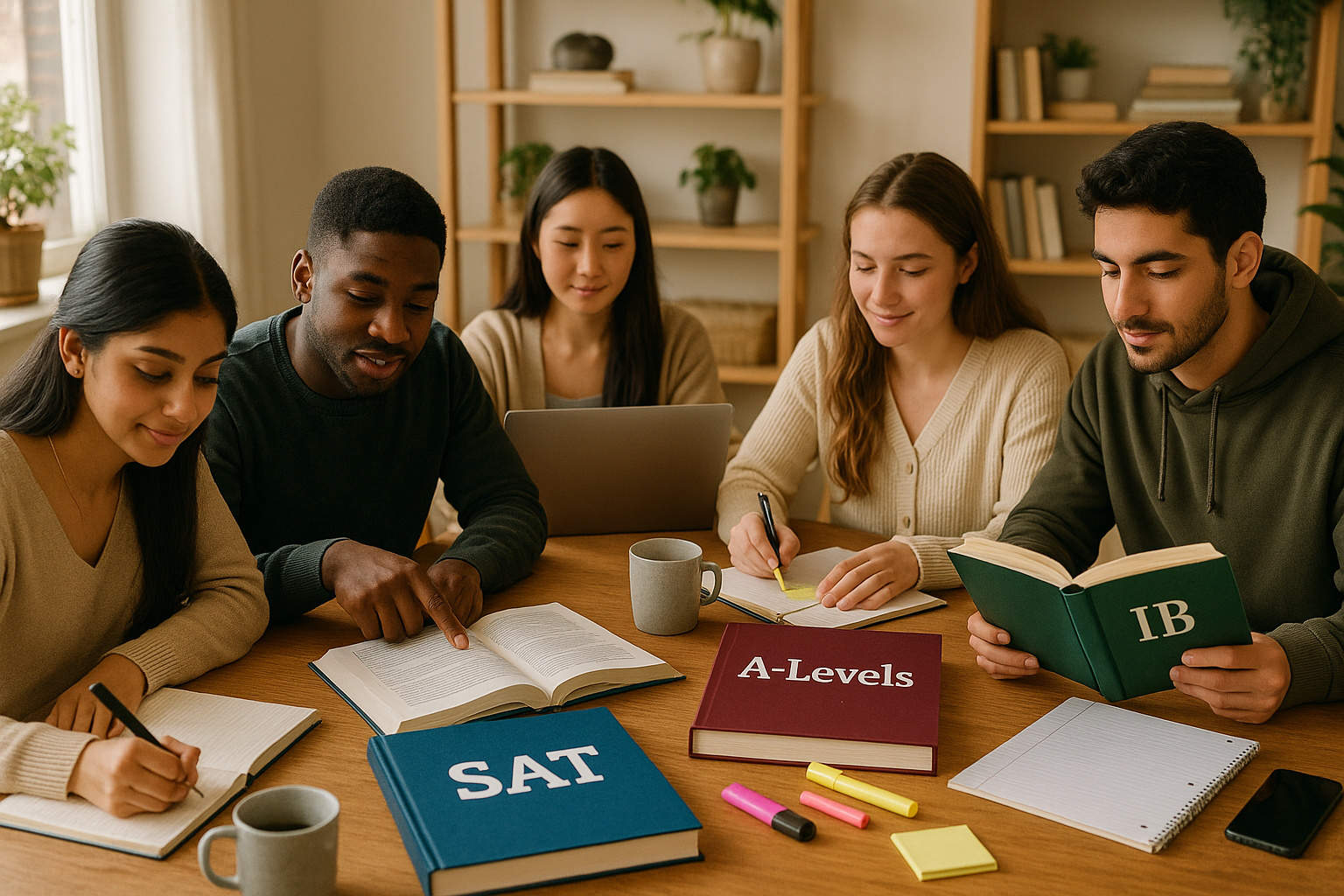 Photo Idea : A diverse group of students studying together at a dining table with textbooks labeled “SAT,” “A-Levels,” and “IB.” Natural lighting, relaxed but focused atmosphere.