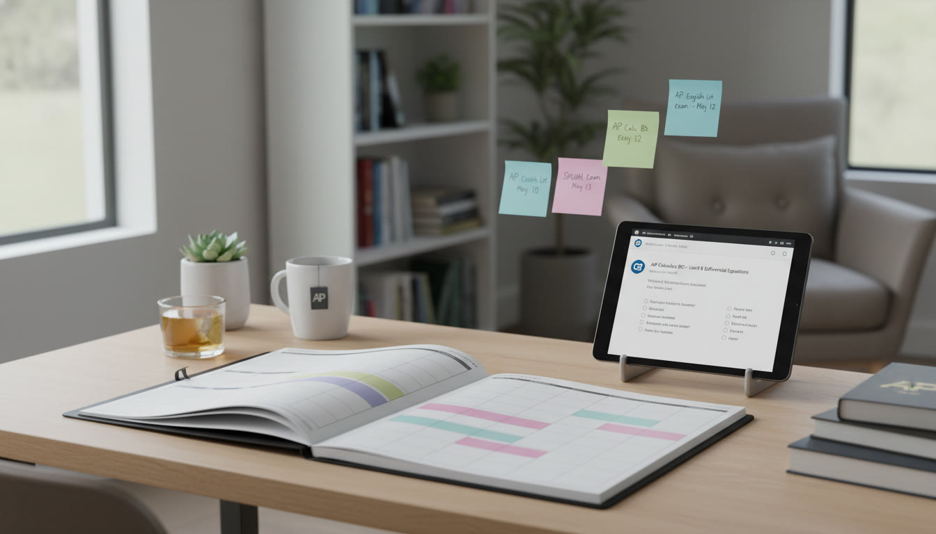 Photo Idea : A calm, modern study nook with a planner open showing a semester timeline, sticky notes for exam dates, and a tablet displaying practice questions. The image suggests organized, confident preparation.