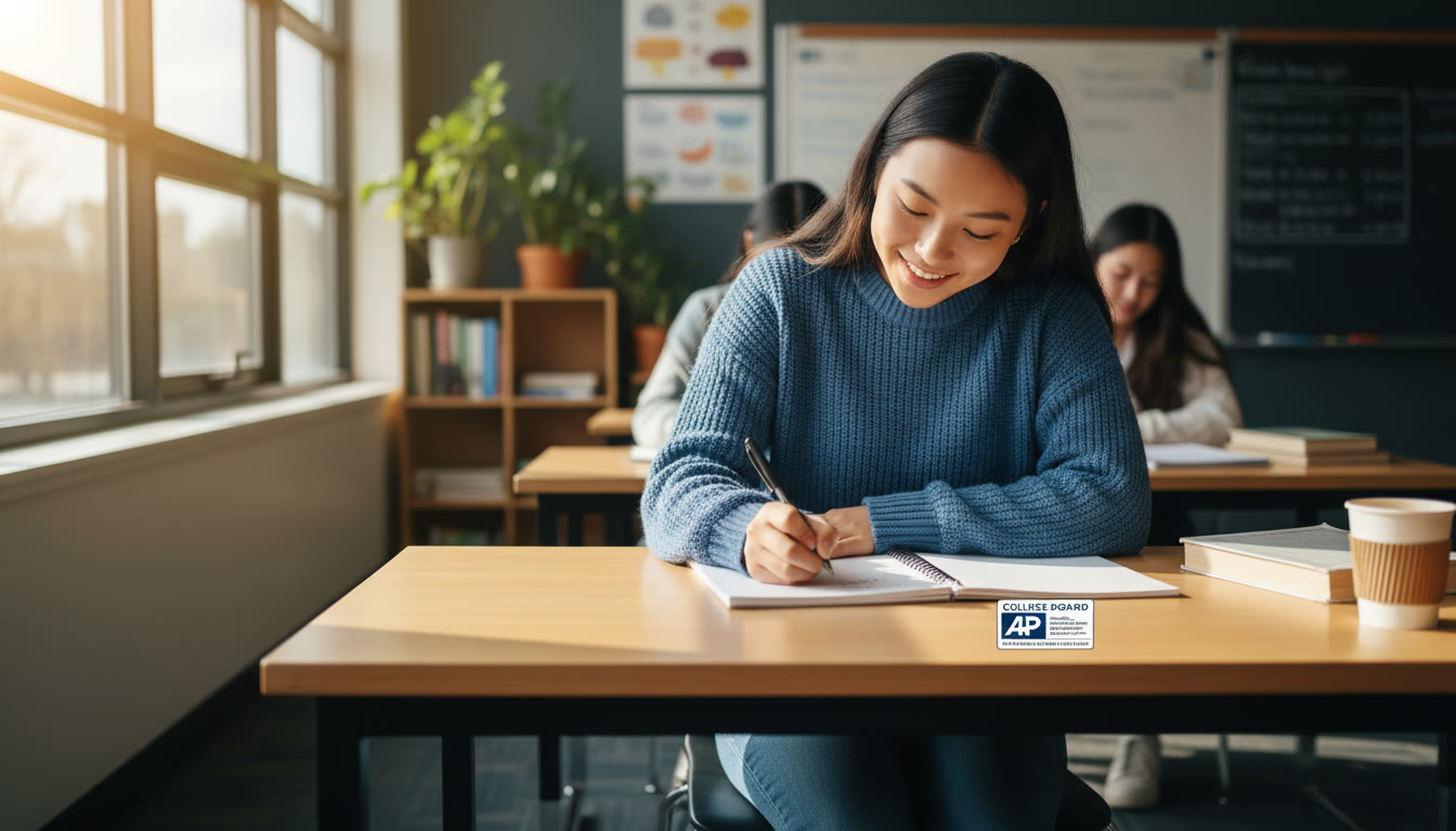 Photo Idea : A bright, natural-classroom shot of a student sitting upright at a desk, taking notes with calm focus; sunlight on the page to emphasize clarity and calm. (Top-of-article image placed within the first 30% of the content.)